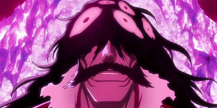 Close-up of Yhwach with multiple eyes opened across his forehead, surrounded by intense purple and pink spiritual energy.