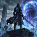 Dark fantasy anime hunter standing before a glowing dungeon gate with shadowy monsters and RPG-style energy