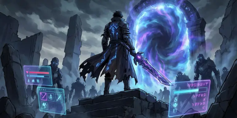 Dark fantasy anime hunter standing before a glowing dungeon gate with shadowy monsters and RPG-style energy