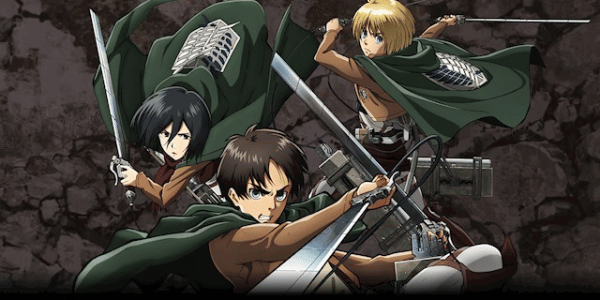 Eren, Mikasa, and Armin in combat poses using ODM gear in a promotional image from Attack on Titan.