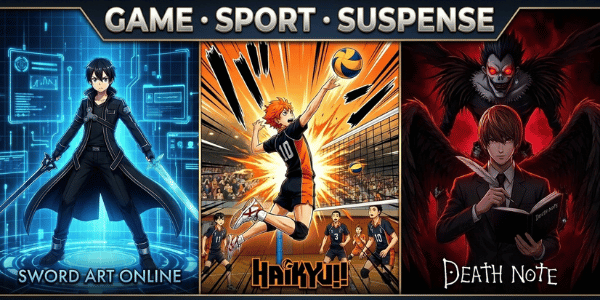 Graphic showcasing beginner anime recommendations by genre, featuring Sword Art Online for game, Haikyuu!! for sport, and Death Note for suspense.