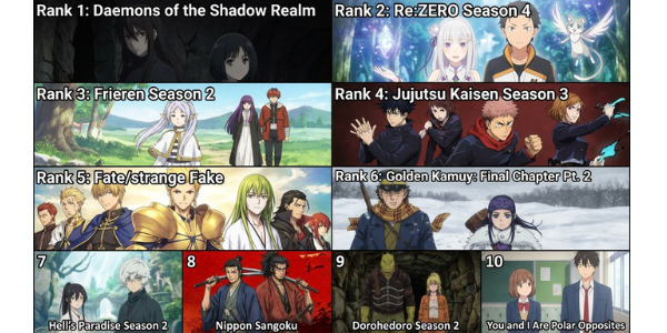 Ranking table showing the top 10 best anime of 2026 so far, including Daemons of the Shadow Realm, Re:ZERO Season 4, Frieren Season 2, and Jujutsu Kaisen Season 3.