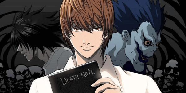 Light Yagami holding the Death Note with L and Ryuk in the background in a dark promotional image.