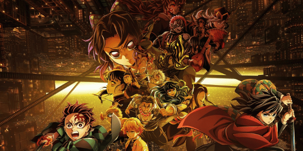 Promotional artwork for Demon Slayer featuring Tanjiro in the foreground and multiple characters gathered in a dramatic cinematic scene.