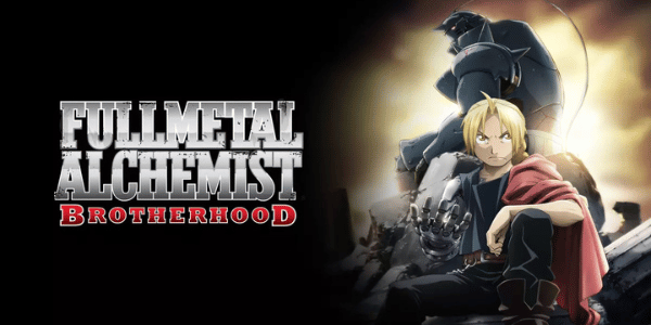 Poster for Fullmetal Alchemist: Brotherhood featuring Edward Elric seated in the foreground with Alphonse Elric standing behind him.