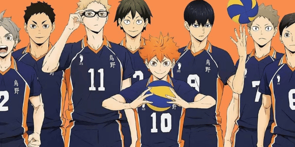 Main characters from Haikyuu!! wearing volleyball uniforms, with Hinata holding a volleyball in the center and teammates standing around him.