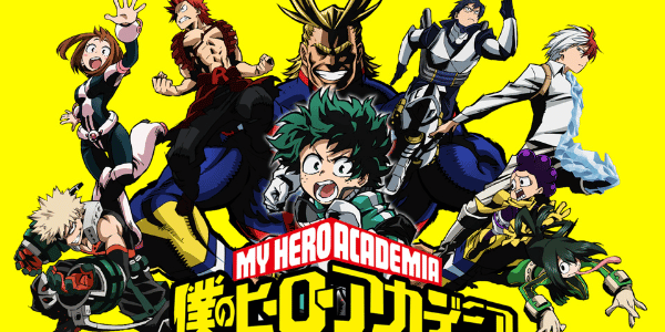 Promotional artwork for My Hero Academia with Deku in the center and several heroes around him, including All Might in the background.