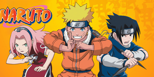 Naruto, Sasuke, and Sakura in action poses against a bright yellow background in a promotional Naruto image.