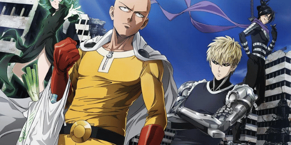 Saitama in the foreground with Genos and other characters behind him in promotional artwork for One Punch Man.