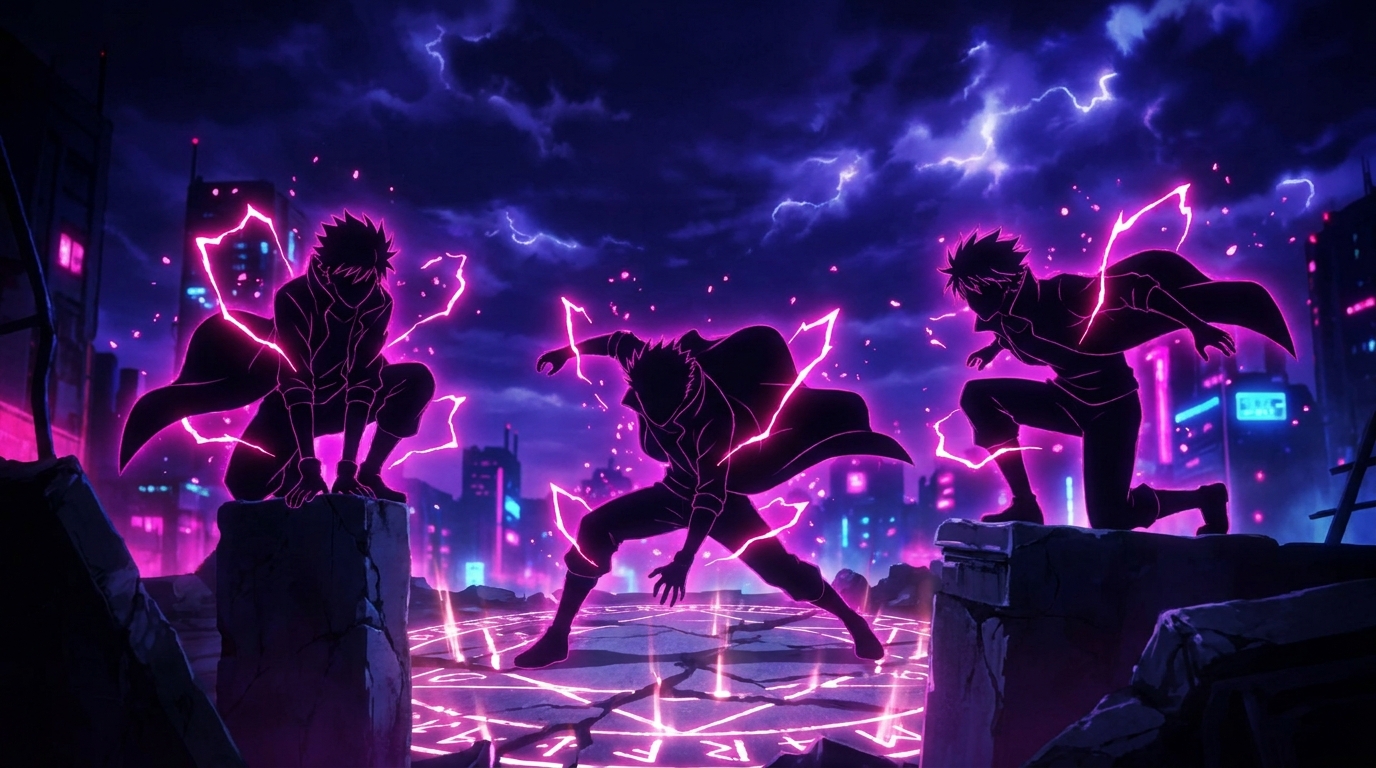 Anime-inspired powerful characters with glowing aura in a dramatic battle-style scene