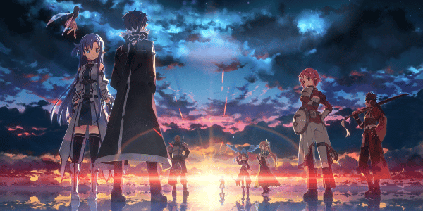 Characters from Sword Art Online standing in a dramatic sunset setting, with Kirito and Asuna prominently featured.