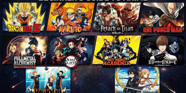 Collage featuring the best anime for beginners, including Dragon Ball Z, Naruto, Attack on Titan, One Punch Man, Fullmetal Alchemist: Brotherhood, Demon Slayer, My Hero Academia, Death Note, Haikyuu!!, and Sword Art Online.
