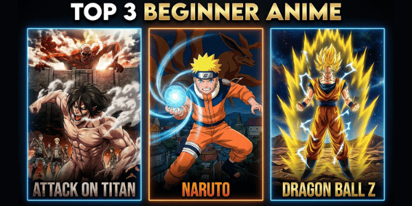 Graphic featuring the top 3 beginner anime picks: Attack on Titan, Naruto, and Dragon Ball Z.