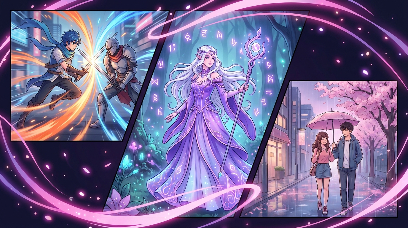 Trending anime of the season with colorful characters in action and fantasy scenes