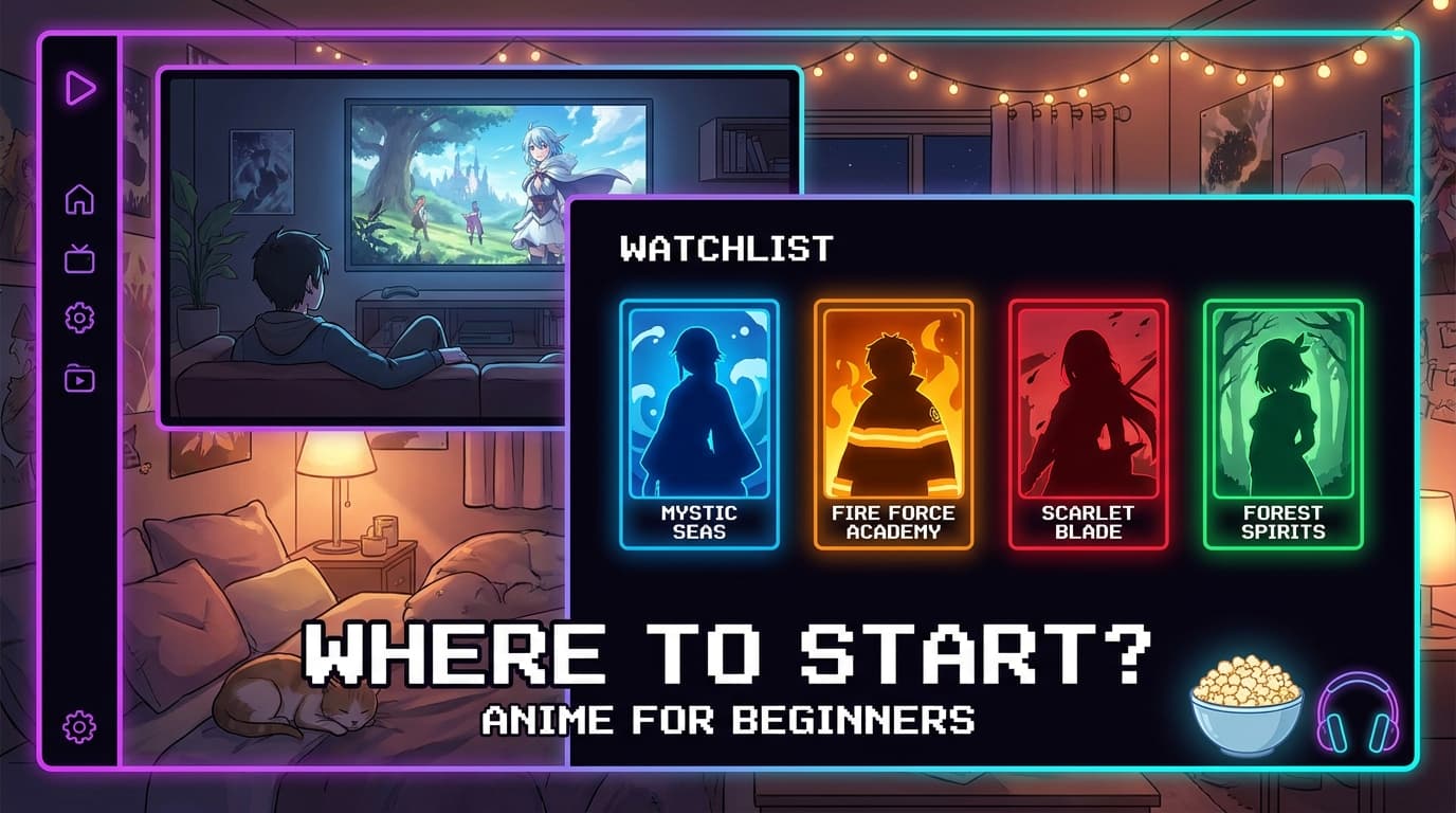 Illustrated anime-themed watchlist screen in a cozy room with the text Where to Start? Anime for Beginners.