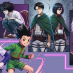 Anime-style collage featuring Gon and Killua, Light and L, Levi and Mikasa, and Kaneki and Haise as characters who look like siblings.