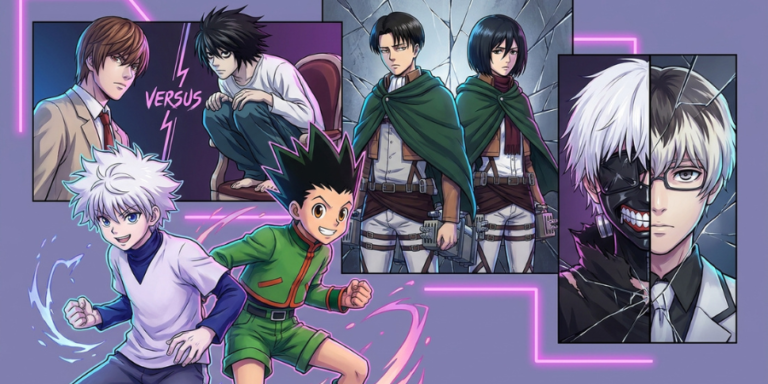 Anime-style collage featuring Gon and Killua, Light and L, Levi and Mikasa, and Kaneki and Haise as characters who look like siblings.