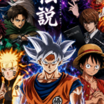 Collage of legendary anime characters, including Goku, Naruto, Luffy, Ichigo, Tanjiro, and Deku.