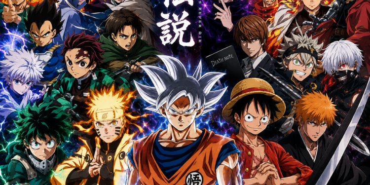 Collage of legendary anime characters, including Goku, Naruto, Luffy, Ichigo, Tanjiro, and Deku.