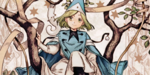 Coco surrounded by storybook fantasy artwork in Witch Hat Atelier official art