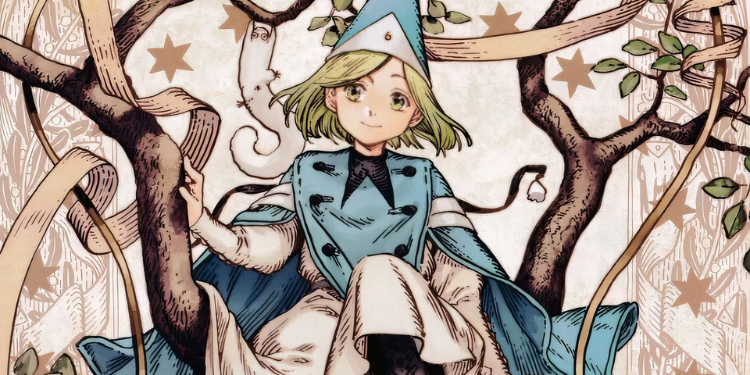 Coco surrounded by storybook fantasy artwork in Witch Hat Atelier official art