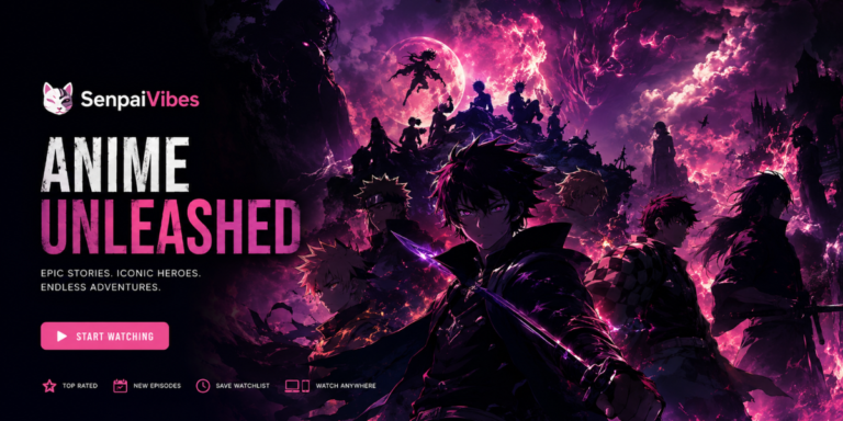 text: SenpaiVibes Anime Unleashed hero banner featuring silhouetted anime heroes under a purple moon