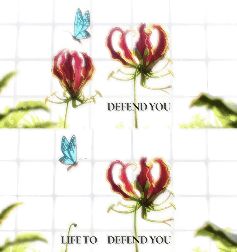 Two flowers on screen in silence as Bleach TYBW's "Defend You" ends without its usual credits sequence