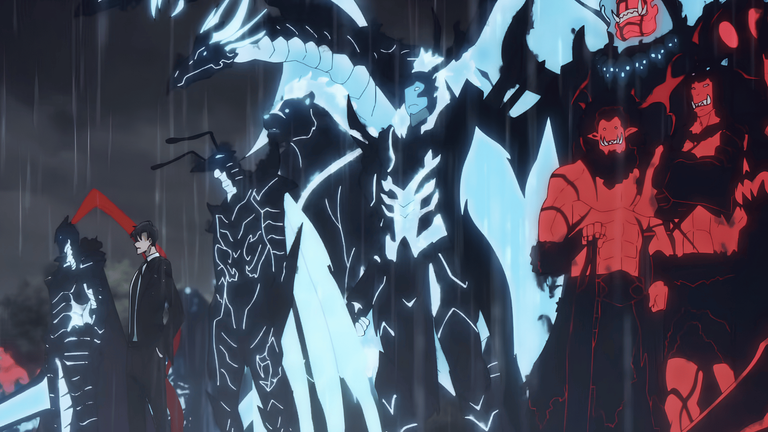 Sung Jinwoo standing before his full shadow army in Solo Leveling